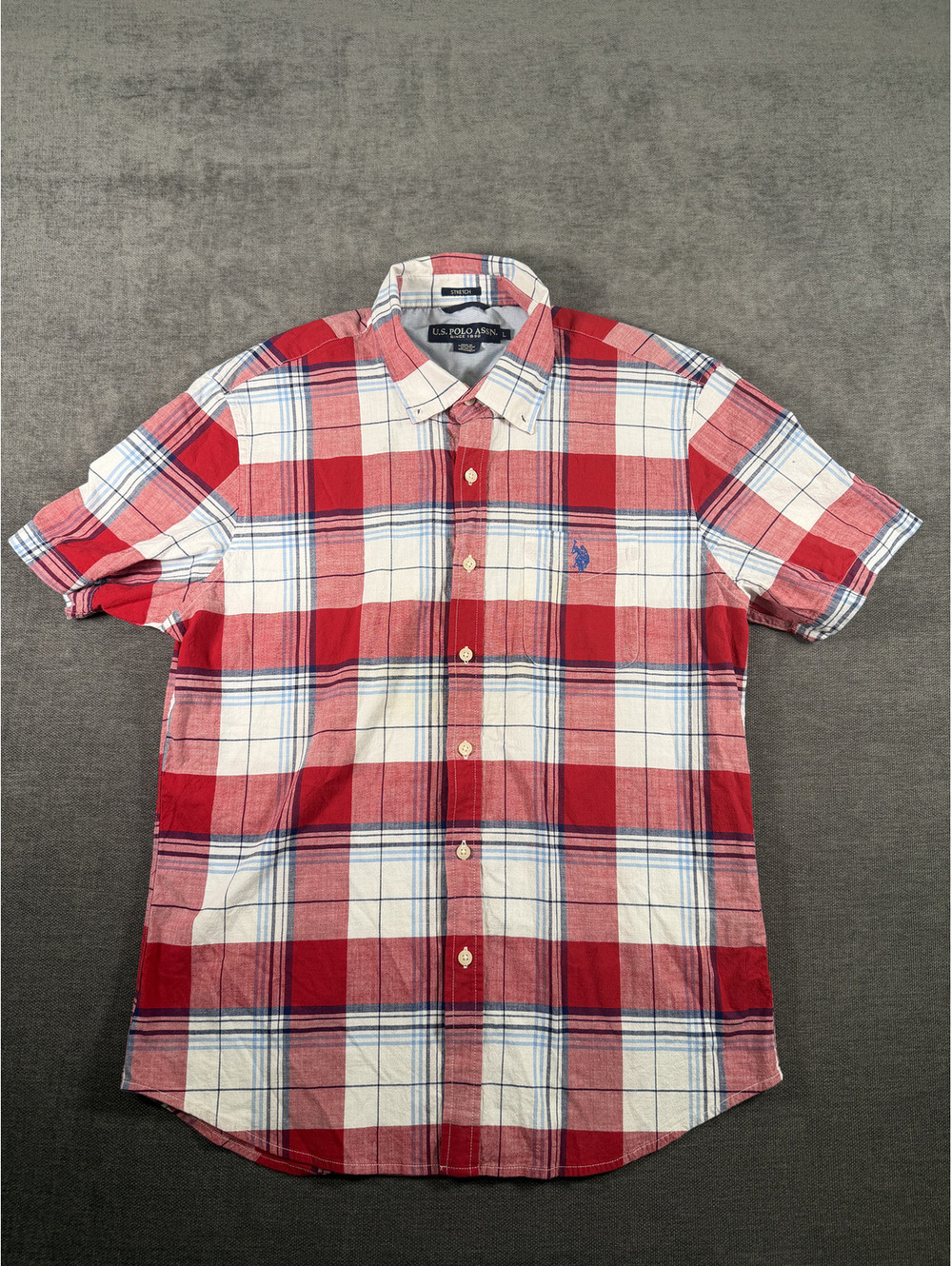U.S. Polo Assn. Men's Stretch Red Plaid Short Sleeve Button-Up Shirt Large